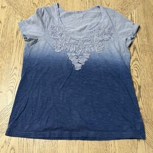 Chicos Size 1 Medium Blue Ombre Embellished Short Sleeve T-Shirt Top‎